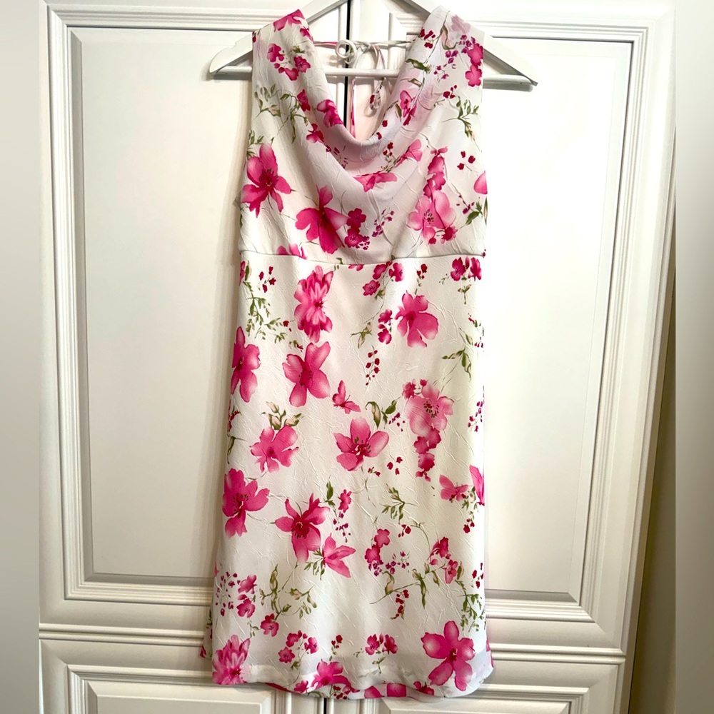 Jessica Women’s Size Medium White w/Pink Flowers Cowl Neck Sleeveless Sundress